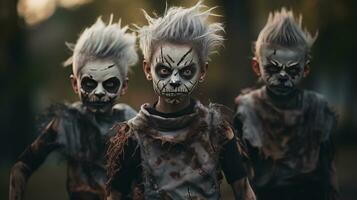 på halloween en grupp av barn med zombie smink på deras ansikten ai generativ foto