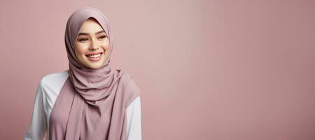 malaysiska muslim kvinna i hijab med rosa kopia Plats. ai genererad foto