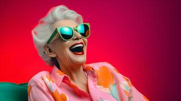ett elegant äldre kvinna i eleganta solglasögon och en vibrerande rosa skjorta ai genererad foto