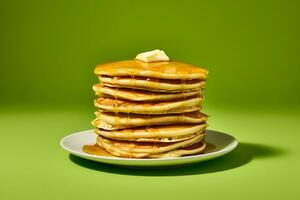 utsökt pannkakor på trä- tabell med frukter. ai genererad foto