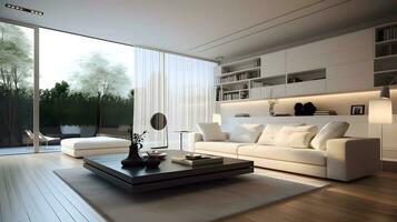 en mysigt levande rum med riklig naturlig ljus och eleganta möbel ai genererad foto