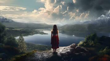 flicka på en klippa med en enorm sjö i de bakgrund. ai genererad foto