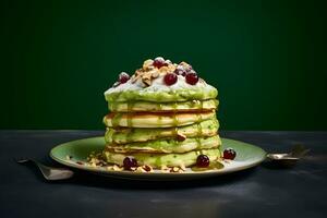 utsökt pannkakor på trä- tabell med frukter. ai genererad foto