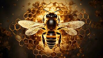 en bi är Sammanträde på en gyllene bakgrund. ai genererad foto
