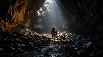 monumental grotta hall med caver utforska Det. ai genererad foto