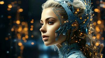 trogen skön kvinna robot cyborg med metall implantat på suddig bakgrund foto