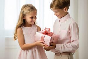 en enkel än kraftfull bild av en pojke presenter en gåva till en flicka, fångande en ljuv gest av ger och förbindelse. perfekt för förmedla kärlek och lycka i olika kontexter foto