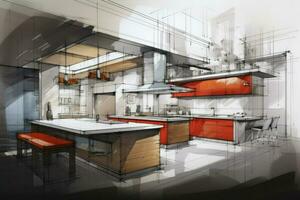 interiör design med modern dining rum i Färg linje skiss foto