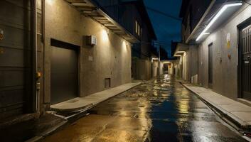 efter de regn monoton byggnader på ett tömma natt gata badade i ljus lampor foto