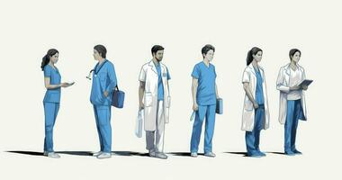 team av medicinsk arbetare. sjukhus personal. medicinsk begrepp. tecknad serie. skiss illustration. foto