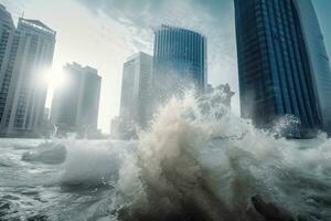 destruktiv oceanisk tsunami, höghus byggnader bakgrund. naturlig vatten katastrof. ai genererad. foto