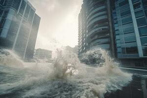 destruktiv oceanisk tsunami, höghus byggnader bakgrund. naturlig vatten katastrof. ai genererad. foto