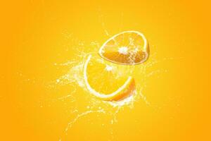kreativ layout tillverkad från färsk skivad apelsiner och orange frukt och vatten stänk på en orange bakgrund. foto