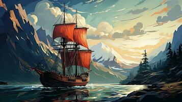 viking fartyg på de bakgrund av bergen och himmel. vektor illustration. foto