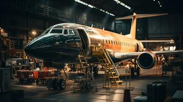 flygplan i de hangar. modern privat jet på de fabrik. foto