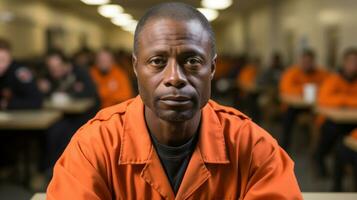 porträtt av en svart man fånge i ett orange enhetlig i en fängelse. foto