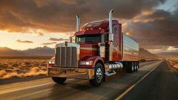 röd amerikan lastbil på de motorväg på solnedgång. foto