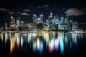 shanghai horisont på natt med reflexion i huangpu flod, Kina, stadens centrum sydney horisont i Australien, ai genererad foto