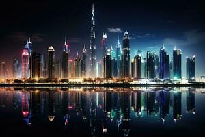 dubai horisont på natt med reflexion i vatten, förenad arab emirater, dubai stad förbi natt, ai genererad foto