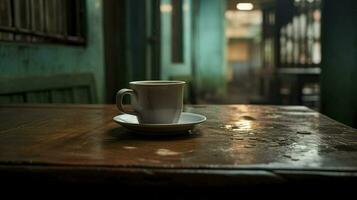 årgång kaffe kopp på gammal trä- tabell, ai genererad foto