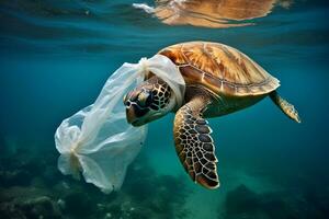 påverkan av plast förorening på hav sköldpaddor och hav djur- liv. miljö- kris. plast väska förorening i de hav. sparande marin miljöer. miljö- problem i hav. generativ ai. foto