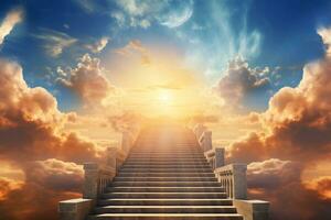 trappa till himmel i himmelskt begrepp. religion bakgrund. trappa till paradis i en andlig begrepp. trappa till ljus i andlig fantasi. väg till de himmel och moln. Gud ljus. generativ ai. foto