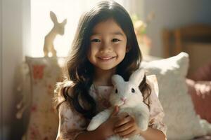 hjärtvärmande relation mellan flicka och henne älskad sällskapsdjur kanin. söt djur. stunder av ömhet. asiatisk flicka och kanin kanin dela med sig stunder av kärlek och glädje. hårig kanin följeslagare. generativ ai. foto