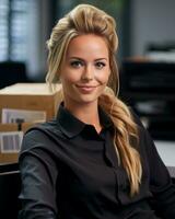 en skön blond kvinna Sammanträde på en skrivbord i ett kontor generativ ai foto