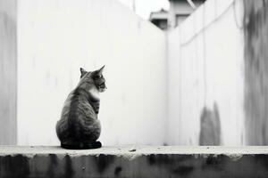 en svart och vit Foto av en katt Sammanträde på en avsats generativ ai