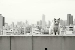en svart och vit Foto av en katt Sammanträde på en avsats generativ ai