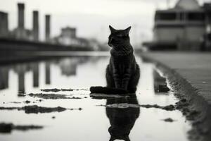 en svart och vit Foto av en katt Sammanträde på de jord generativ ai