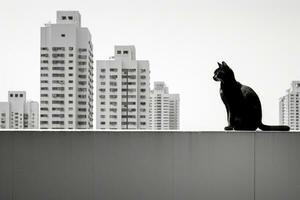 en svart och vit Foto av en katt Sammanträde på topp av en byggnad generativ ai