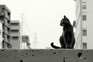 en svart och vit Foto av en katt Sammanträde på topp av en betong vägg generativ ai