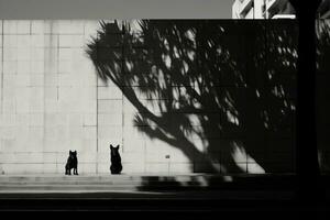 en svart och vit Foto av två hundar stående i främre av en vägg generativ ai