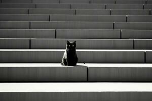 en svart katt Sammanträde på några betong steg generativ ai foto
