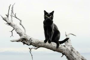 en svart katt Sammanträde på topp av en död- träd gren generativ ai foto