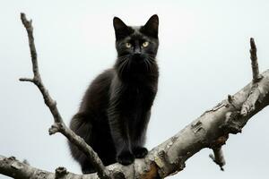 en svart katt Sammanträde på topp av en träd gren generativ ai foto