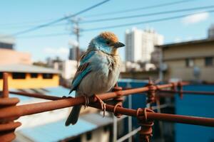 en blå och vit fågel Sammanträde på en tråd generativ ai foto