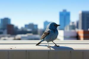 en blå fågel Sammanträde på en avsats med en stad i de bakgrund generativ ai foto