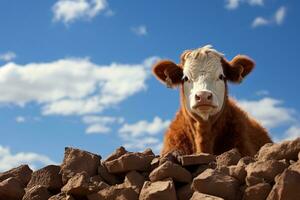 en brun och vit ko stående på topp av en lugg av stenar generativ ai foto