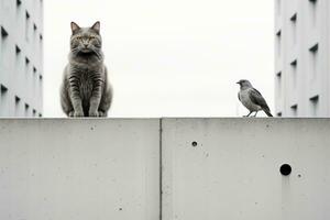 en katt och en fågel är stående på en avsats generativ ai foto