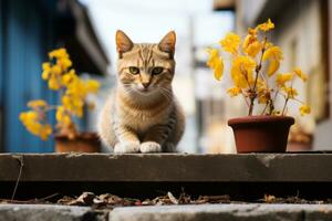 en katt Sammanträde på en avsats Nästa till en inlagd växt generativ ai foto