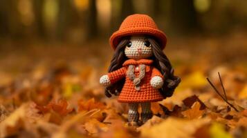 en virka docka bär ett orange täcka och hatt generativ ai foto