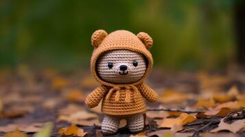 en virkade teddy Björn i en brun utrusta generativ ai foto