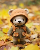 en virkade teddy Björn bär ett orange och brun jacka generativ ai foto