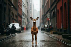 en rådjur är stående i de mitten av en stad gata generativ ai foto