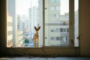 en rådjur står i främre av en fönster i ett övergiven byggnad generativ ai foto