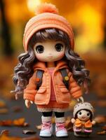 en docka bär ett orange täcka och innehav en docka generativ ai foto