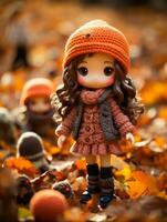 en docka bär ett orange Tröja och hatt står i en fält av fallen löv generativ ai foto
