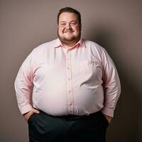 en fett man i en rosa skjorta och svart byxor generativ ai foto